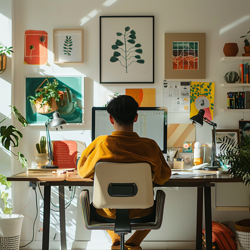 A freelancer worker sits in his vibrant home office facing away from the camera