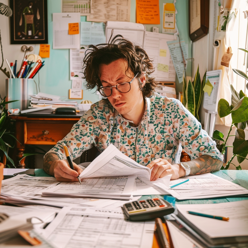 a stressed home worker looks over tax forms