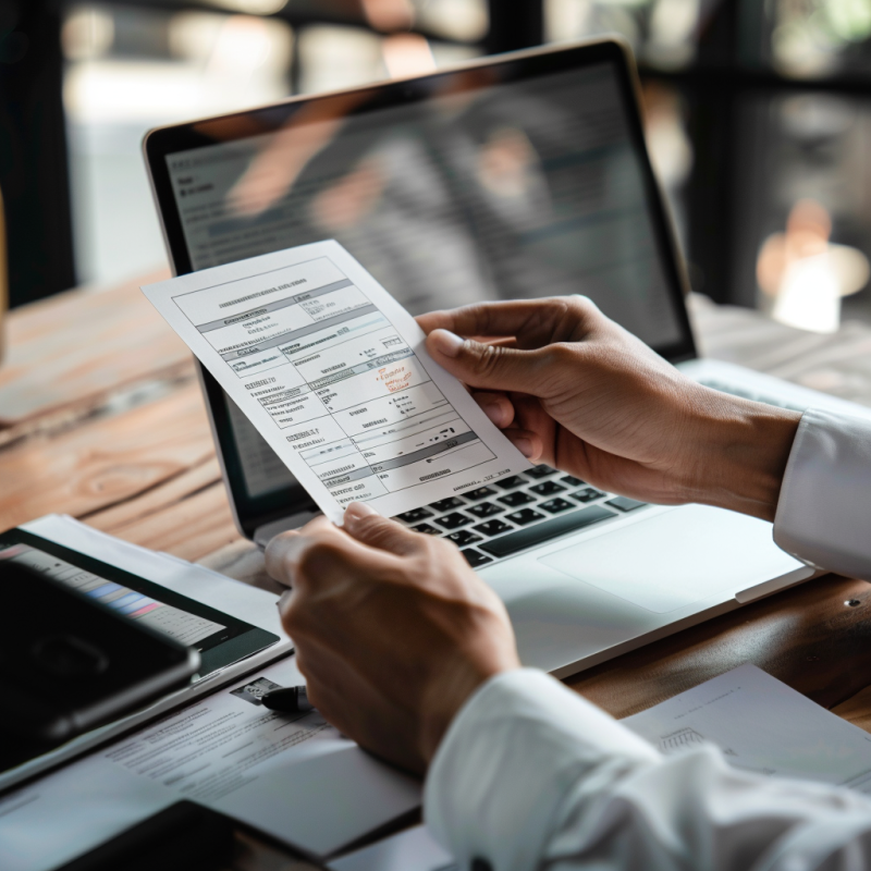 A person looking at an invoice in front of a laptop