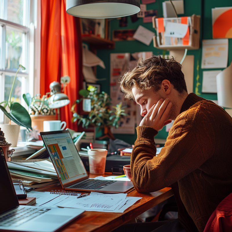 side shot of a freelance worker sitting in his home office poring over paperwork