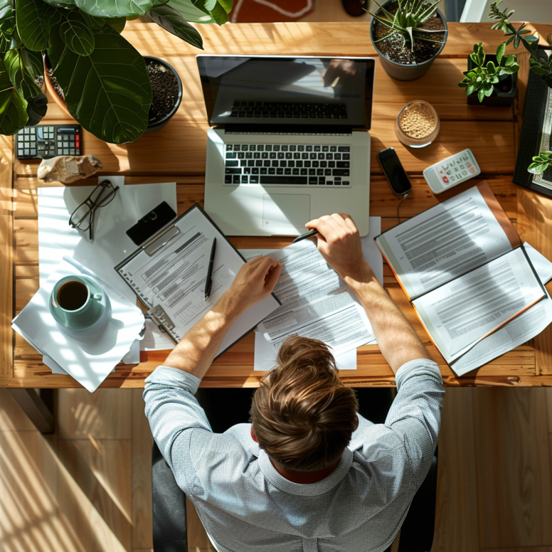 A freelance worker looking over tax forms