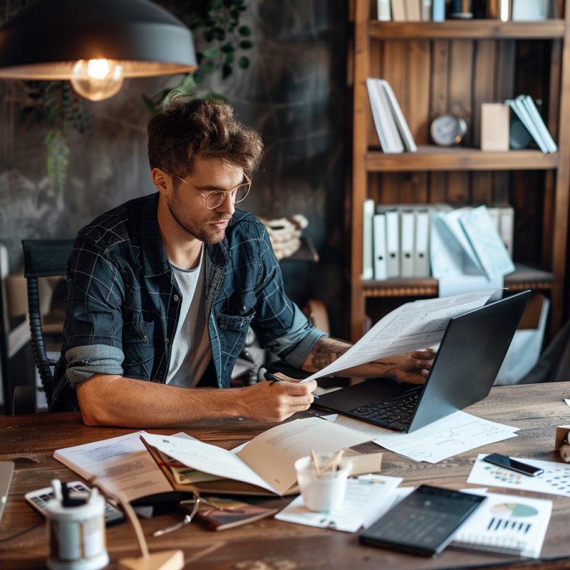 A freelancer worker reviews an agreement in his home ofice