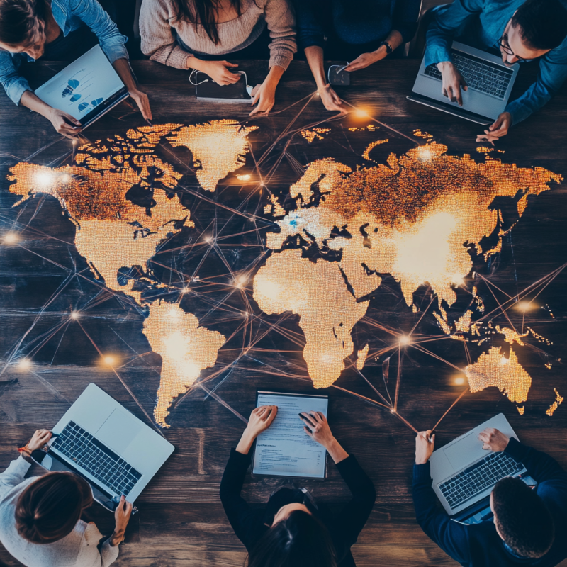 abstract image of a group of freelancers working at a table with a world map in the middle of the table