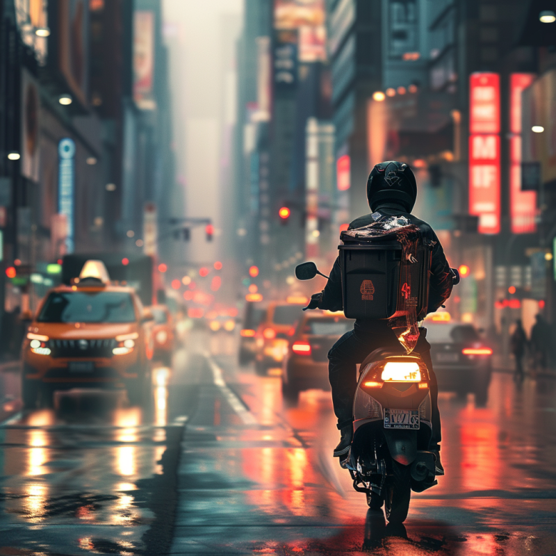 a gig worker delivering food on a scooter in a busy city