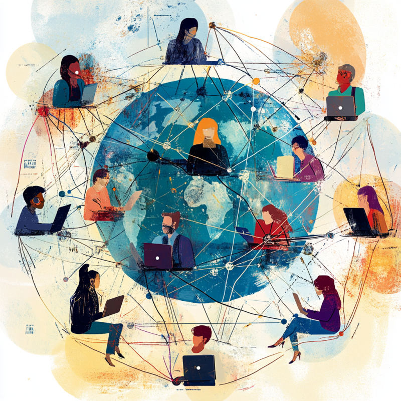 an animated image of interconnected freelancers working independently across the globe