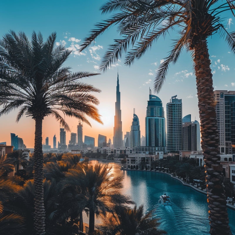 A shot of skyscrapers amid palm trees in UAE